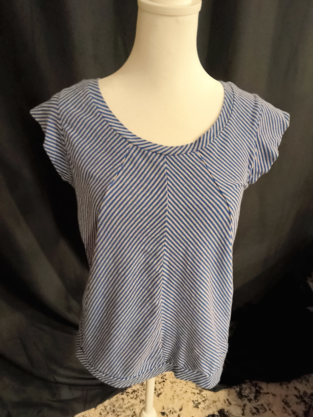Thakoon Blue and Grey Diagonal Stripe Cap Sleeve Top